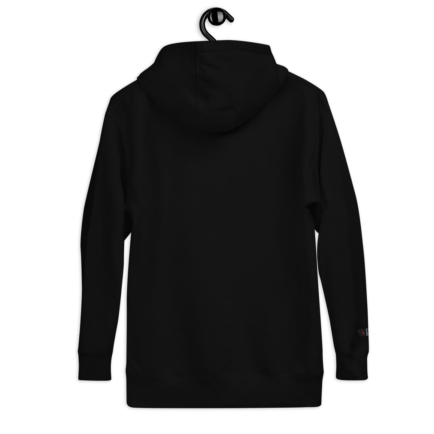 Back view of black premium unisex hoodie, highlighting the sleek and simple design
